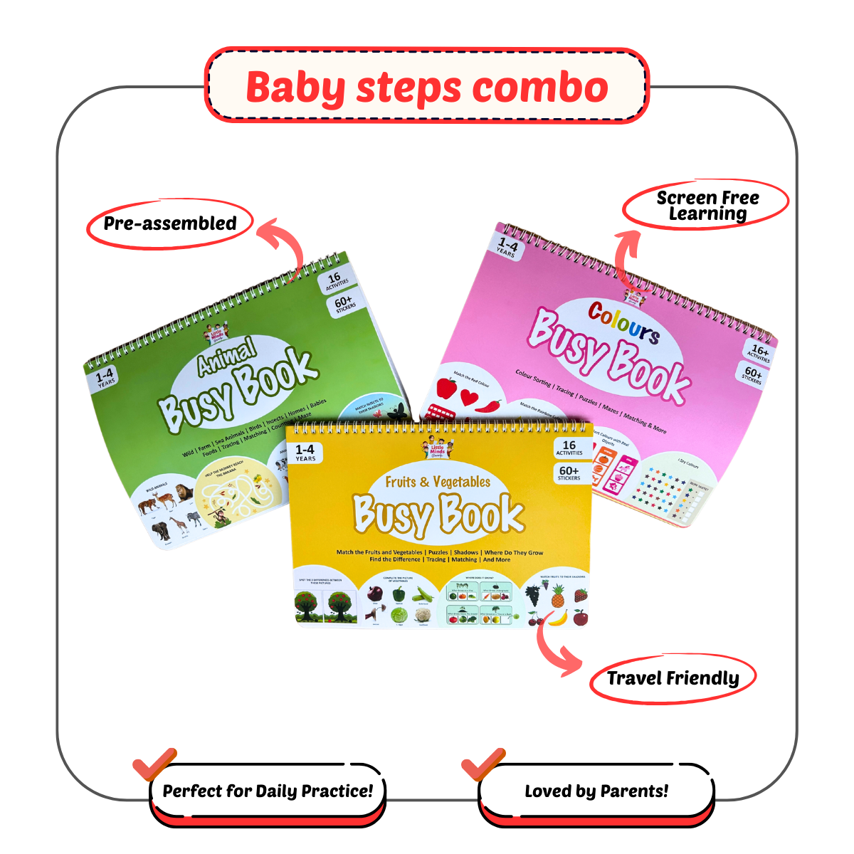 Baby Steps Combo-Fruits & Vegetables Animal and Colours Busy Book